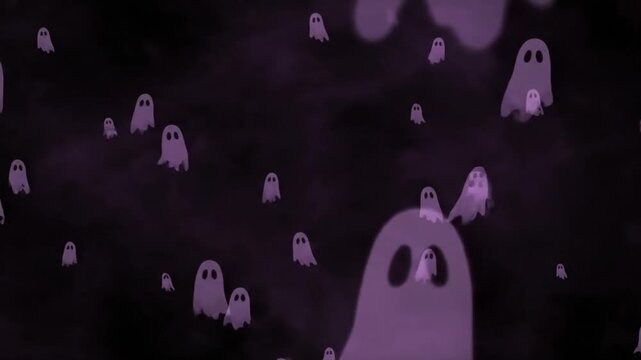 A spooky video features a group of ghosts floating in the dark air at night . use as multipurpose tittle intro, background. product mockup. motion graphics background