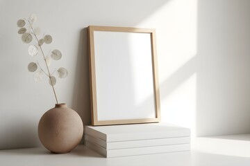 A serene scene of a vase with eucalyptus leaves beside a blank wooden frame on stacked white books in a softly lit room