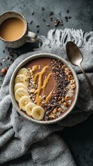 Fototapeta premium Top down view of a rich chocolate banana smoothie bowl decorated with cacao nibs, crushed hazelnuts, and a drizzle of almond butter, cozy morning vibes
