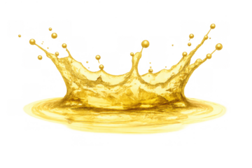 Golden liquid splashing creating a crown shape with droplets, showing pure movement and energy on transparent background