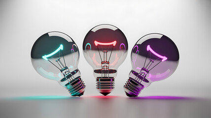Three illuminated light bulbs with vibrant colors stand out against a softly lit neutral gray background
