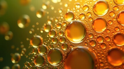 Macro Photography of Golden Oil Droplets Shimmering with Warm Amber Light