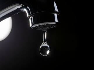 Water Drop Falling From Faucet on Dark Background, Water Conservation