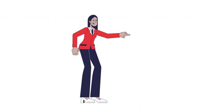 Infuriated turkish female manager pointing accusingly 2D character animation. Outraged businesswoman. Middle eastern corporate woman reprimanding animated person cartoon 4K video isolated on white