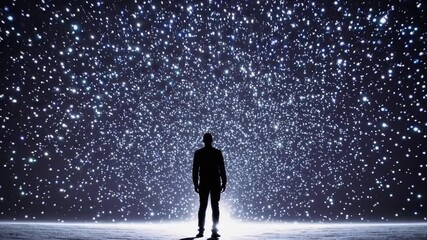 silhouette figure standing under starfield, surrounded by dense sparkling stars and soft backlight glow, contemplative atmosphere evoking solitude and wonder, cinematic composition ideal for astronomy