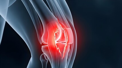 Medical illustration of a human knee joint with intense red pain, representing injury or arthritis
