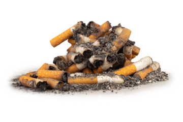 pile of cigarette butts and ash on a white background