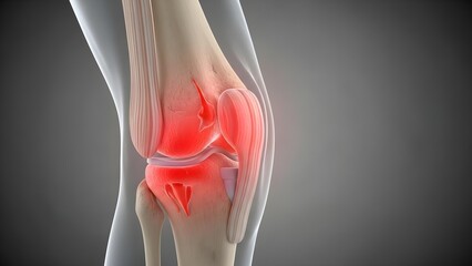 Anatomical illustration of a painful knee joint with inflammation highlighted