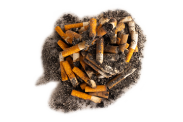 pile of cigarette butts and ash on a white background
