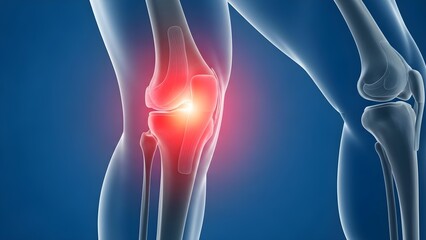 Anatomical illustration of a human knee with painful inflammation highlighted in red
