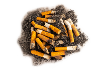 pile of cigarette butts and ash on a white background