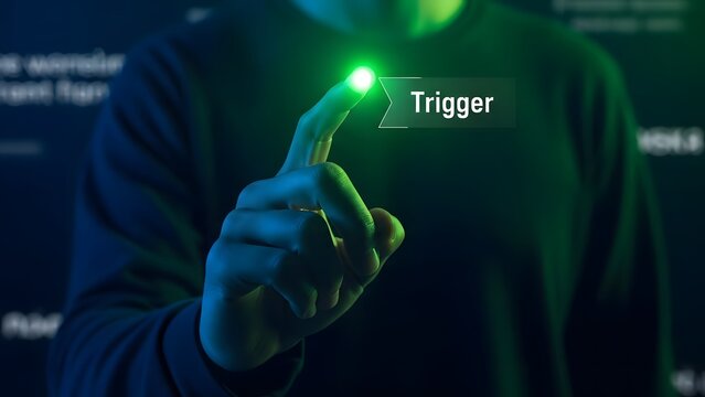 A person about to trigger an action with a glowing green button - Powered by Adobe