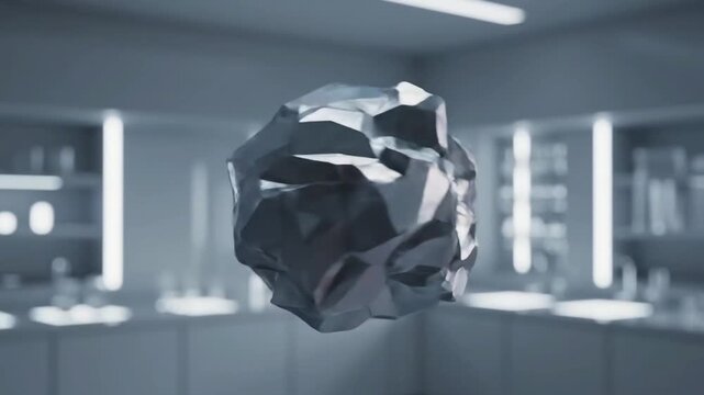 Floating abstract crystal molecule, highly reflective, observed within a modern scientific laboratory environment, symbolizing scientific discovery and advanced research