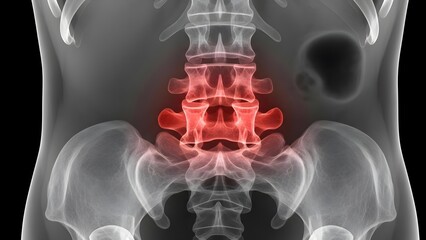 Medical X-ray of human lumbar spine highlighted in red, depicting lower back pain or injury