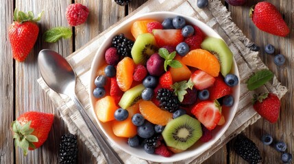 Colorful fruit salad in a white bowl.