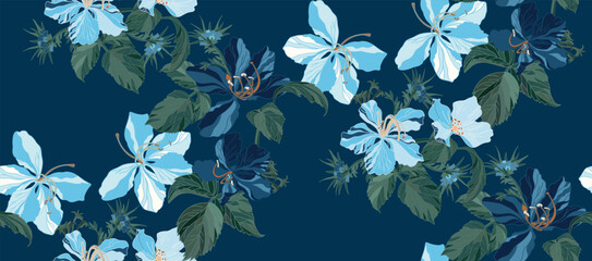Flowers and leaves in vintage style, seamless pattern.	

