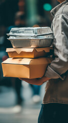 Delivery person carries food containers in a busy urban setting during late afternoon