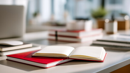 Notebook on a desk with stacks of books and a computer nearby in an office setting