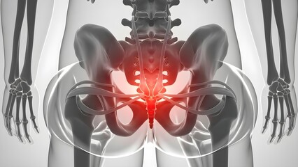 Human Pelvis and Lower Spine Anatomy with Highlighted Sciatica Pain Area