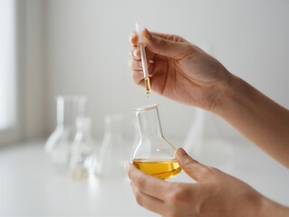 Scientist performing a liquid experiment in a laboratory with a dropper adding liquid to a flask, close-up