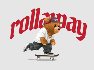 bear doll riding skateboard graphic vector illustration