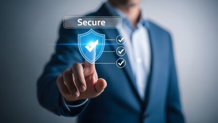 Businessman interacting with a secure digital shield interface