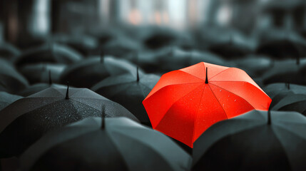 Photorealistic urban scene showing one colorful umbrella contrasting with dark crowd.