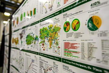 Close up of an information board with colorful graphs depicting financial analysis and strategy