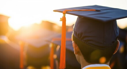 Rear view of a student graduate wearing a mortarboard cap with orange tassel during sunset commencement ceremony.
