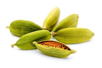 Green cardamom pods with one open showing seeds inside on white background