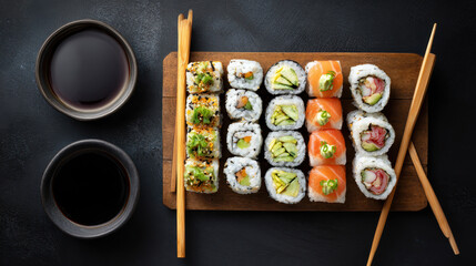 Assorted sushi rolls displayed on a wooden board.
