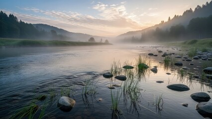 Serene lake landscape with rocks and grass at sunrise or sunset in misty with nature