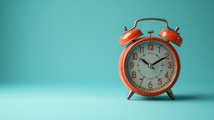 Retro orange alarm clock on teal background; time management concept; website banner