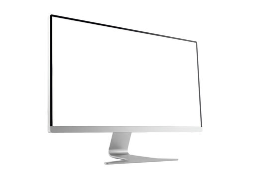 low-angle shot of a premium aio desktop monitor with ultra-thin bezels and a metallic stand, blank white screen, isolated on a transparent high-key studio background. concept for technology
