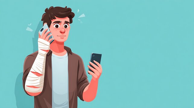 Cartoon injured man talking on the phone with a medical bandage on his arm