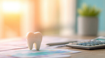 Tooth model on a desk with papers and calculator in a bright room