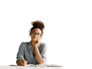 Confident Young Professional with Curly Hair Leaning on Minimal Desk Holding Notebook, Career Planning and Ambition Concept on Transparent Background
