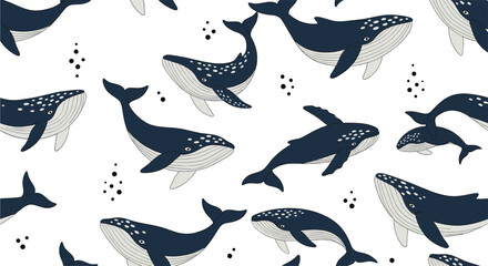 Seamless whale pattern vector with stylized marine mammals swimming repeatable ocean background illustration © Sumon Creative