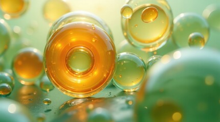 Dynamic Floating Amber Spheres in a Green Liquid Environment Creating a Fresh and Biological Abstract Composition