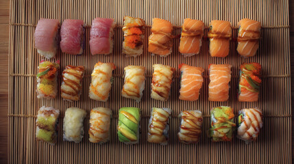 Assorted sushi rolls arranged on a bamboo mat.