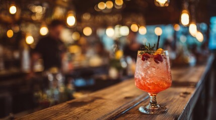 Refreshing Cocktail on a Rustic Bar with Soft Lighting and Elegant Garnishes Surrounded by a Cozy Atmosphere for Relaxation and Socializing