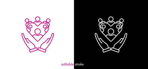 Hand holding heart with human people. Editable stroke heart with hand, family, medical vector design to use for healthcare, healthy lifestyle, medical laboratory, cardiology project.