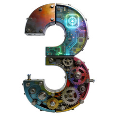 Number three assembled from gears and electronic circuits with colorful metallic textures. Futuristic mechanical typography isolated as PNG clipart for technology themes, innovation visuals