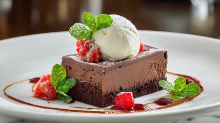 Indulgent chocolate dessert square topped with vanilla ice cream, fresh raspberries, and mint leaves, served on a white plate with caramel drizzle