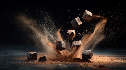 Dynamic Explosion of Chocolate Cubes with Cocoa Powder Creating a Mesmerizing Cloud of Dust and Particles in a Dark Atmosphere