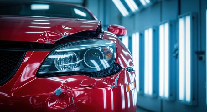 Close-up of a severely damaged red car headlight and bumper inside a professional auto body repair shop.