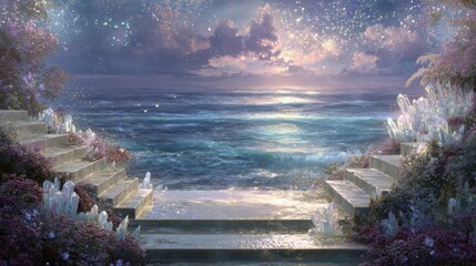 Enchanted Stairs Leading to a Sparkling Ocean Under a Starry Sky with Shimmering Crystals and Lush Floral Surroundings in a Dreamy Landscape