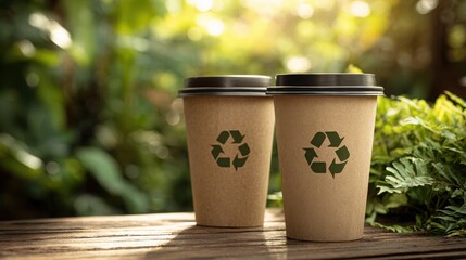 Eco-Friendly Coffee Cups on Wooden Table in Sunlit Garden with Lush Green Background and Recyclable Symbol for Sustainable Living
