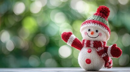 Adorable Snowman Figure with Cheerful Smile and Red and Green Accessories on a Blurred Background for Holiday and Winter Decoration