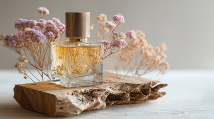 Elegant perfume bottle with natural elements on rustic wood surface, showcasing beauty and fragrance in a serene and minimalist setting